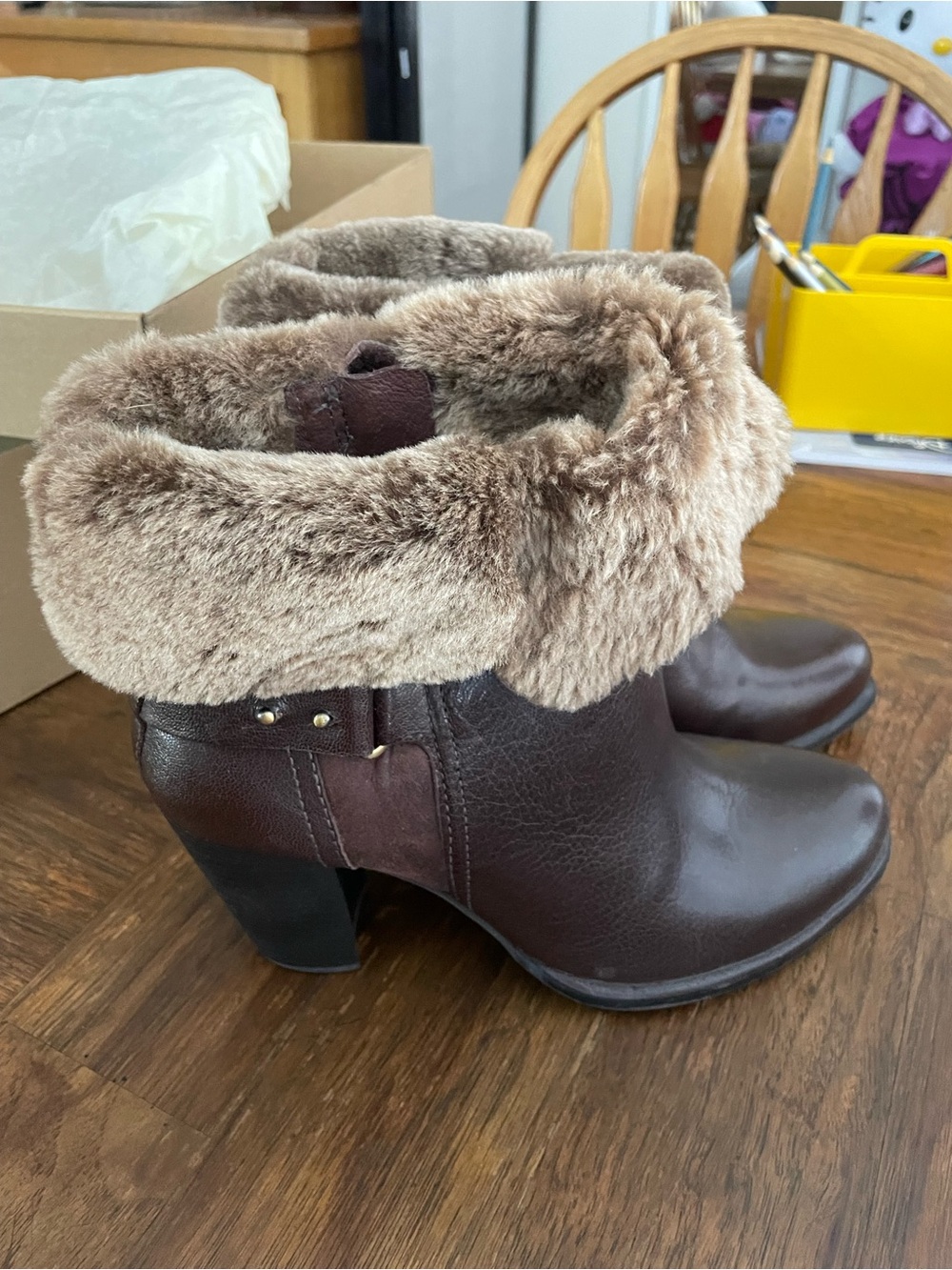 UGG Brown Leather & Shearling Fold-Over Heeled Boots